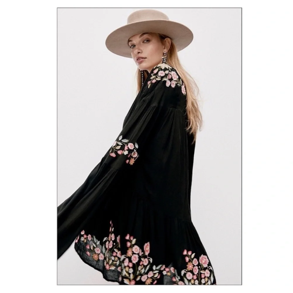 Free People Black Mini Dress with Pink Floral Embroidery